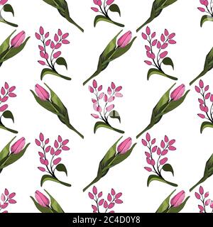 Seamless background with colored pink tulips. Vector illustration.Floral seamless background with colorful tulips. Spring mood.The texture of the Stock Vector