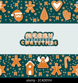 Christmas gingerbread cookies making a rectangular frame. Vector illustration.Happy winter holidays poster. New year. Christmas holiday banner Stock Vector