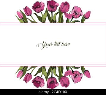 Frame with colored pink tulips. Poster. Spring mood. Vector illustration. Stock Vector