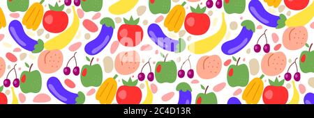 Fruits and vegetables color wide banner with tomato, eggplant, apple, funny hand drawing background Stock Vector