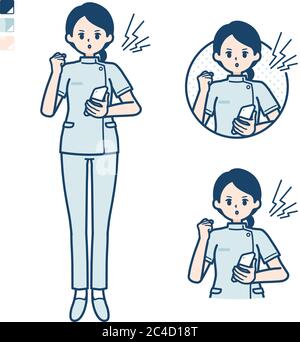 A young nurse woman with Holding a smartphone and anger images. It's vector art so it's easy to edit. Stock Vector