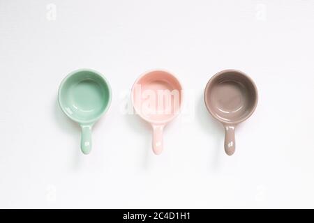 Empty ceramic bowls isolated on white background. top view Stock Photo