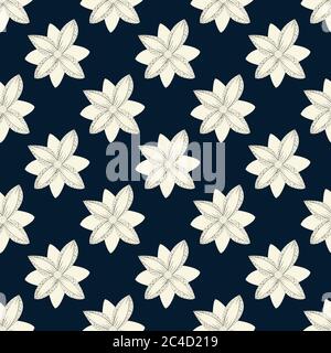 White abstract flowers on a dark, navy background. Arranged in rows alternately. Monochrome Graphics. Seamless illusion. Vector endless pattern. Stock Vector