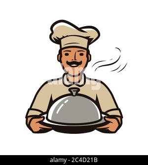 Chef with tray logo. Restaurant, diner, food service vector illustration Stock Vector