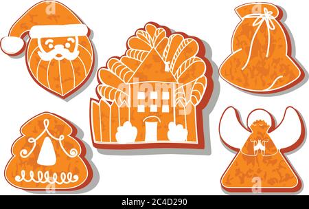 Set of Christmas cookies. Set of different gingerbread cookies for Christmas. Christmas gingerbread Christmas characters. House, Christmas tree, Santa Stock Vector