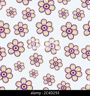 Abstract, doodle flowers on bright background. Floral swatch. Cute seamless graphic design. Vector illustration. Different size of elements. Stock Vector