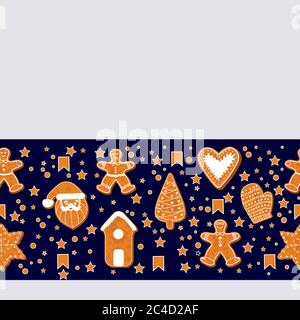 Christmas gingerbread cookies making a rectangular frame. Vector illustration.Happy winter holidays poster. New year. Christmas holiday banner Stock Vector