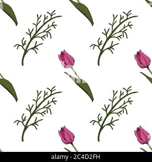Seamless background with colored pink tulips. Vector illustration.Floral seamless background with colorful tulips. Spring mood.The texture of the Stock Vector