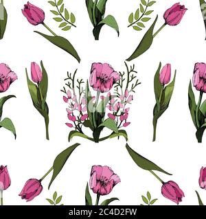 Seamless background with colored pink tulips. Vector illustration.Floral seamless background with colorful tulips. Spring mood.The texture of the Stock Vector