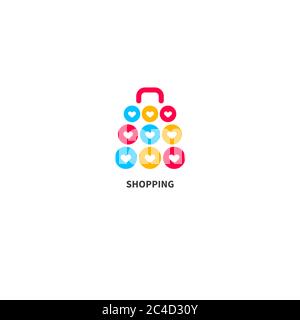 Online shopping icon with hearts, online shopping, shopping bag, present. Vector symbol Stock Vector