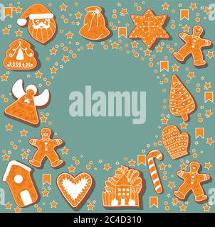 Christmas gingerbread cookies making a rectangular frame. Vector illustration.Happy winter holidays poster. New year. Christmas holiday banner Stock Vector
