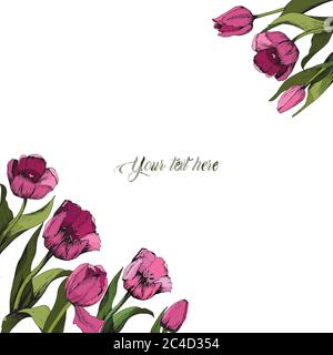 Frame with colored pink tulips. Poster. Spring mood. Vector illustration. Stock Vector