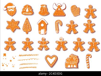 Set of Christmas cookies. Set of different gingerbread cookies for Christmas. Christmas gingerbread Christmas characters. House, Christmas tree, Santa Stock Vector