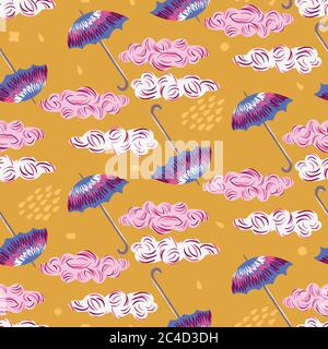 vibrant umbrellas and cluds seamless vector pattern Stock Vector