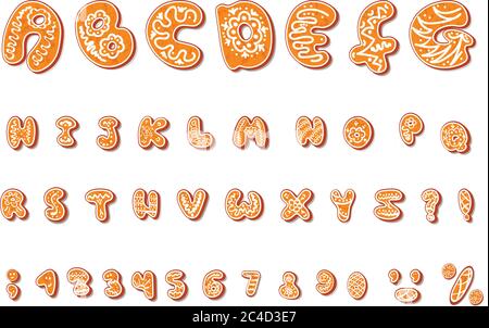 Vector cartoon alphabet of Christmas or New Year alphabet gingerbread cookies set with glaze. Isolated textured letters on white background. Stock Vector