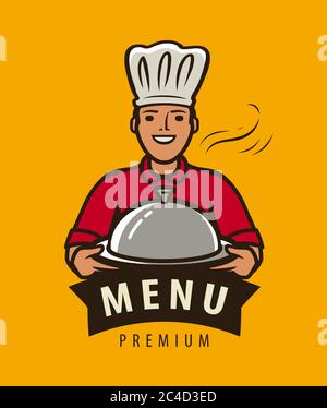 Menu logo or label. Happy chef with tray vector illustration Stock Vector