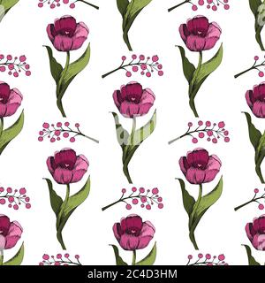 Seamless background with colored pink tulips. Vector illustration.Floral seamless background with colorful tulips. Spring mood.The texture of the Stock Vector