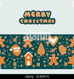 Christmas gingerbread cookies making a rectangular frame. Vector illustration.Happy winter holidays poster. New year. Christmas holiday banner Stock Vector