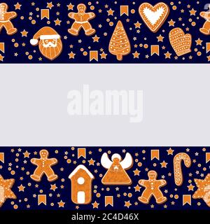 Christmas gingerbread cookies making a rectangular frame. Vector illustration.Happy winter holidays poster. New year. Christmas holiday banner Stock Vector