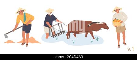 Asian farmer character set, vector flat isolated illustration Stock Vector