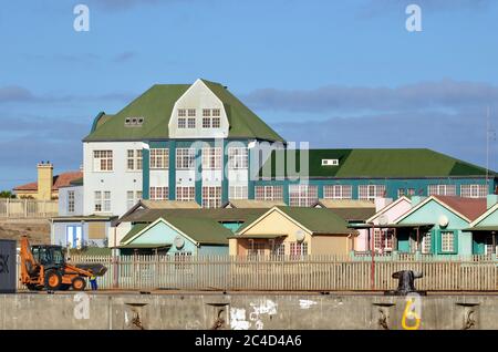 LUDERITZ, NAMIBIA - JAN 26, 2016: Marine research institute of ministry of fisheries in Luderitz shown at sunset, Luderitz is a harbour town in southw Stock Photo
