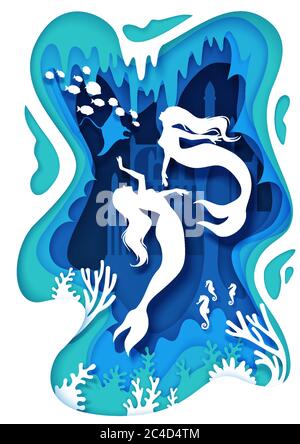 Beautiful mermaids, vector illustration in paper art style Stock Vector