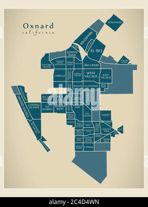 Oxnard California city map with neighborhoods grey illustration ...