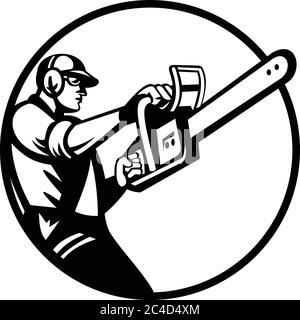 Retro style illustration of an arborist, lumberjack or tree surgeon holding and raising up chainsaw viewed from side set inside circle on isolated bac Stock Vector