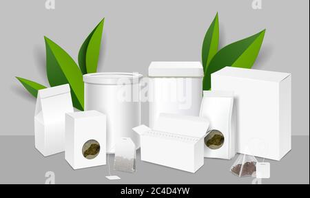 Tea packaging realistic mockup set, vector illustration Stock Vector