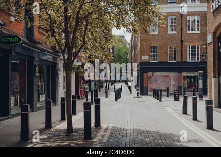 London, UK - June 13, 2020: Empty street and closed shops and cafes in Covent Garden, a typically busy area of London famous for its retails, restaura Stock Photo