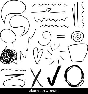 Arrows circles, heart and abstract doodle writing design vector set. Vector illustration. Isolated on a white background Stock Vector