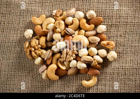 Cashews, pistachios, almonds, walnuts, hazelnuts. Mixed nuts. Stock Photo