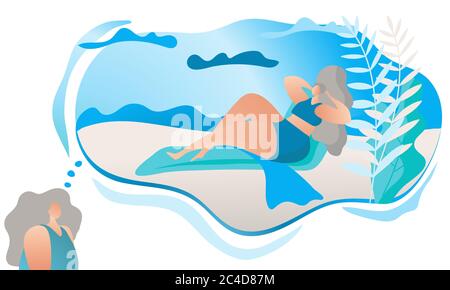 Woman in coronavirus time thinking about lying on the beach. Wishing of going to seaside after covid-19 quarantine is over. Flat vector concept. Stock Vector