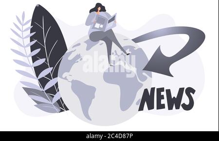 Woman sitting on the globe and reading newspaper. Staying informed. Keeping in touch with current global events. Flat illustration. Stock Vector