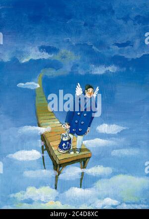 surreal concept of desire of freedom a man with two angel wings is ready for rebirth like a sailor that is leaving a port located in the clouds Stock Photo