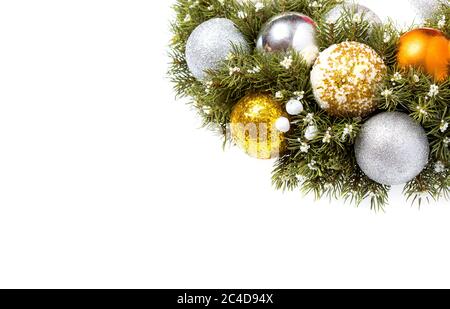 Christmas card mockup with place for text and side view in the upper left corner of the Christmas decorations in the form of a Christmas wreath. Stock Photo
