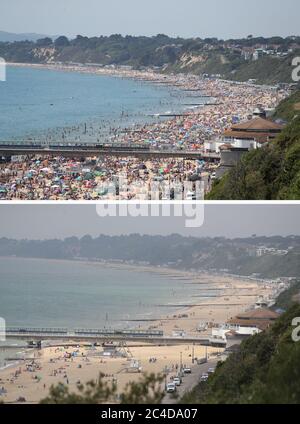 Composite photo of (top) crowds gathered on Bournemouth beach yesterday (25/06/20), and the same area today (bottom), as the UK experienced its hottest day of the year so far on Thursday, with the mercury rising to 33.4C (92.12F) at Heathrow Airport in west London. Stock Photo