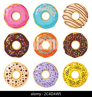 Set of colorful donuts on white background, flat vector illustration Stock Vector