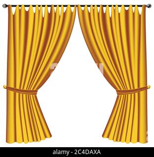 Yellow luxury curtains and draperies on white background, realistic vector illustration Stock Vector