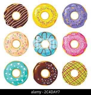 Set of colorful donuts on white background, flat vector illustration Stock Vector