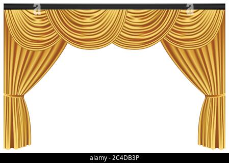 Yellow luxury curtains and draperies on white background, realistic vector illustration Stock Vector