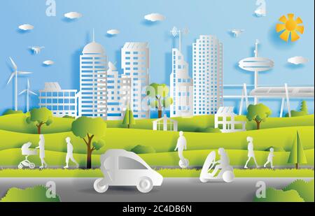 Concept of smart city with technologies of future and urban innovations, paper cut design vector illustration Stock Vector