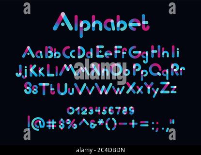 Color alphabet font. Color uppercase, lowercase letters and numbers on black background, vector illustration Stock Vector