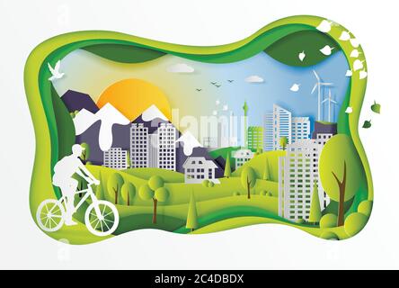 Concept of ecology city with technologies of future and urban innovations, paper cut design vector illustration Stock Vector
