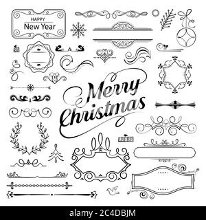 Set of Christmas ornamental filigree flourishes and thin dividers on white background. Classical vintage elements, vector illustration Stock Vector