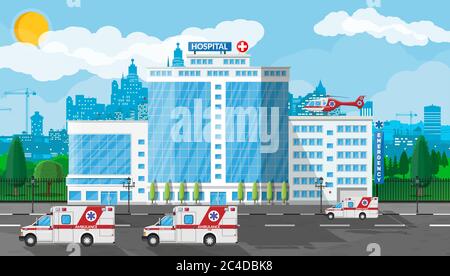 Hospital building, medical icon. Healthcare, hospital and medical diagnostics. Urgency and emergency services. Road, sky, tree. Car and helicopter. Vector illustration in flat style Stock Vector