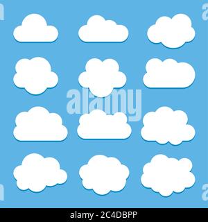 Set of white cloud icons in flat style isolated on blue background with shadow, for web site design, vector illustration Stock Vector