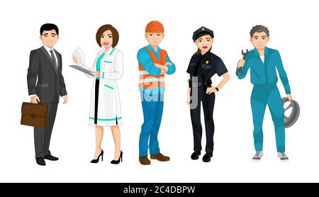 Set of people related to the different professions such as policeman, builder, businessman, doctor and auto mechanic, vector illustration Stock Vector