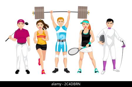 Set of people related to the different sports such as golf, running, weightlifting, tennis and fencing, vector illustration Stock Vector