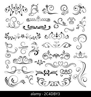 Set of ornamental filigree flourishes and thin dividers on white background. Classical vintage elements, vector illustration Stock Vector